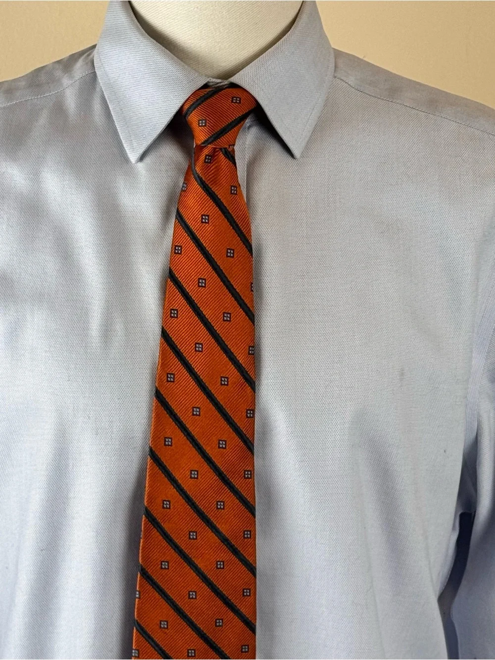 Brooks Brothers Men’s Necktie Orange and Charcoal Diagonal Stripe Repp Silk Tie